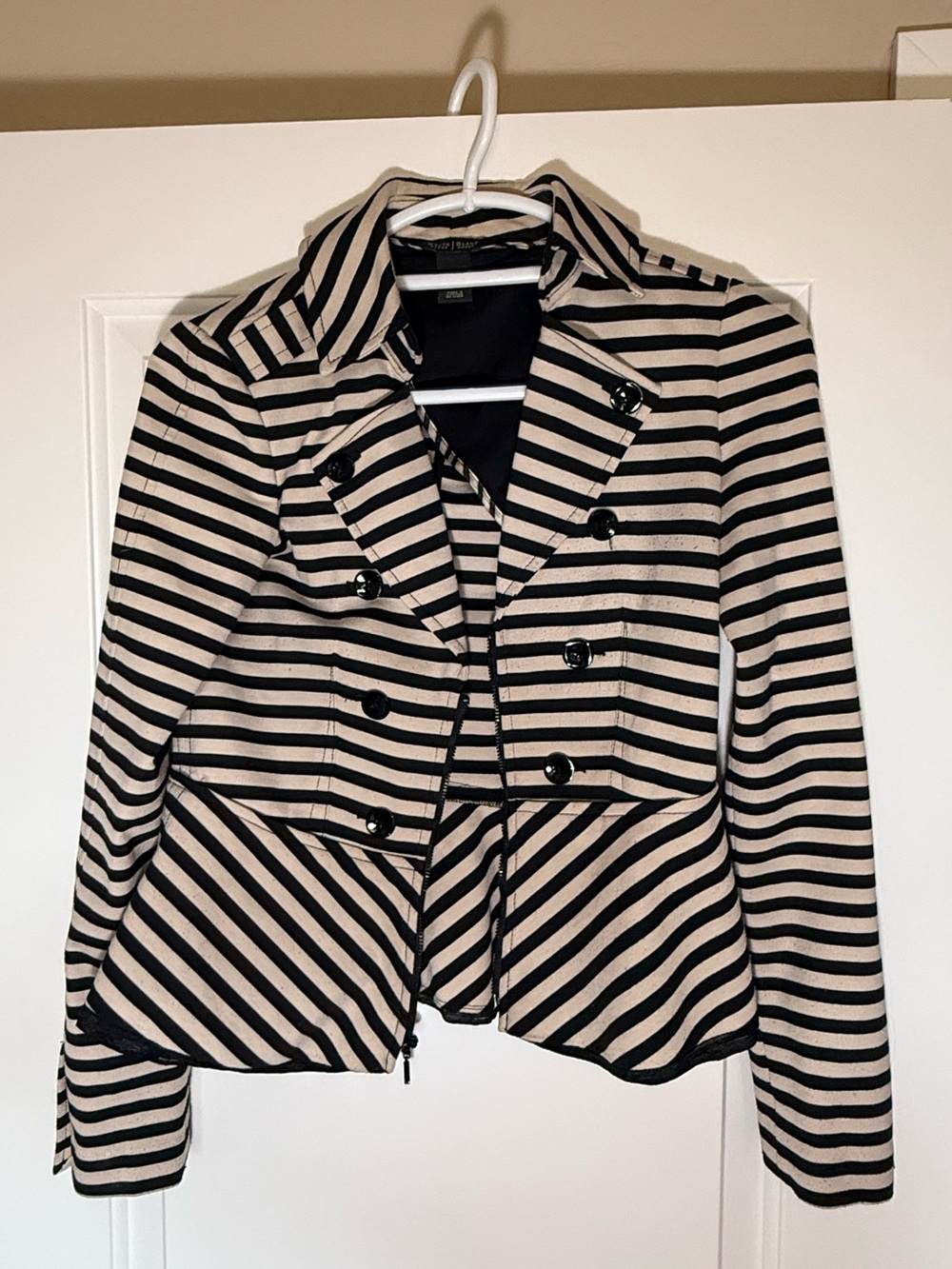 White House Black Market Black and Cream Striped Double-Breasted Blazer
